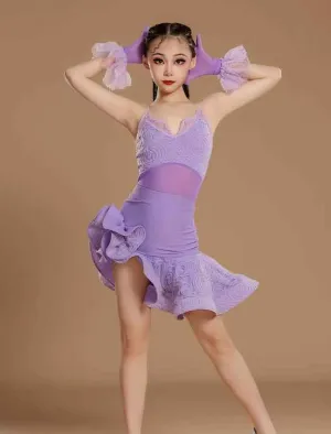 Girls Latin Dance Dresses Black Purple Asymmetrical Skirts Salsa Rumba Dance Costumes for Kids