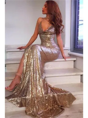 Gold Mermaid Prom Dresses with Slit Backless Formal Dresses, QB0342