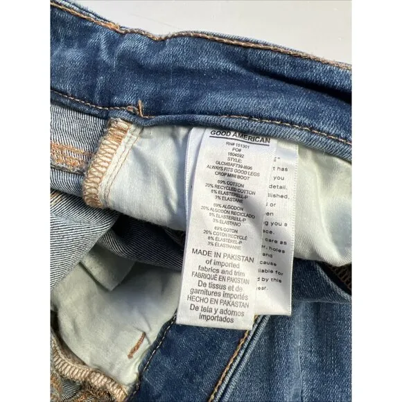 Good American Good Legs Crop Mini Boot Blue Jean GLCMBAF739 Size 26.5 Raw Hem