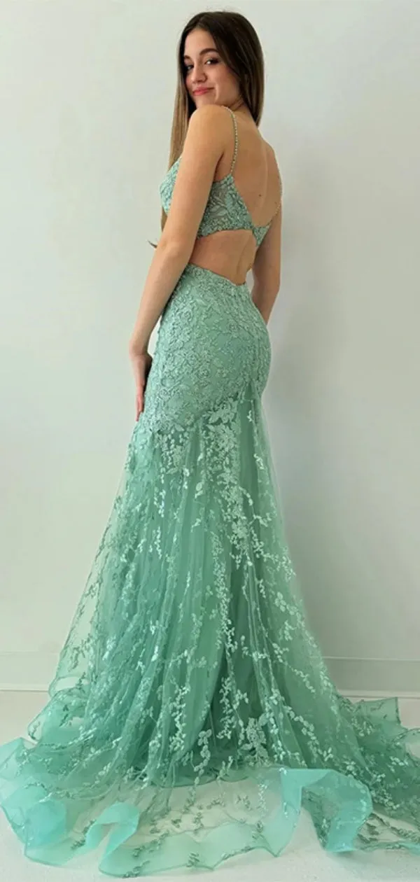 Gorgeous Spaghetti Strap Sleeveless Tulle Mermaid Lace Long Prom Dresses With Trailing For Party Online, OL350