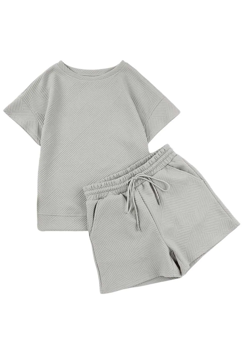 Gray 2pcs Solid Textured Drawstring Shorts Set