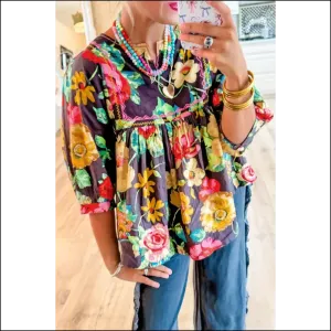 Gray Flower Embroidered Blouse Cloud Comfy Sharp Tack