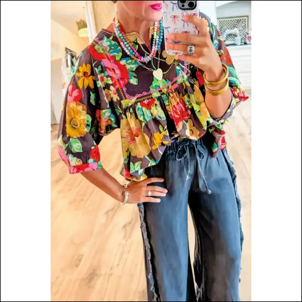 Gray Flower Embroidered Blouse Cloud Comfy Sharp Tack