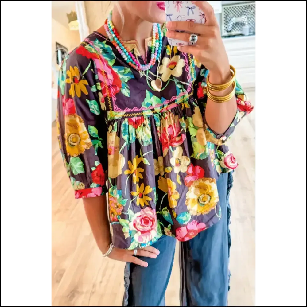 Gray Flower Embroidered Blouse Cloud Comfy Sharp Tack