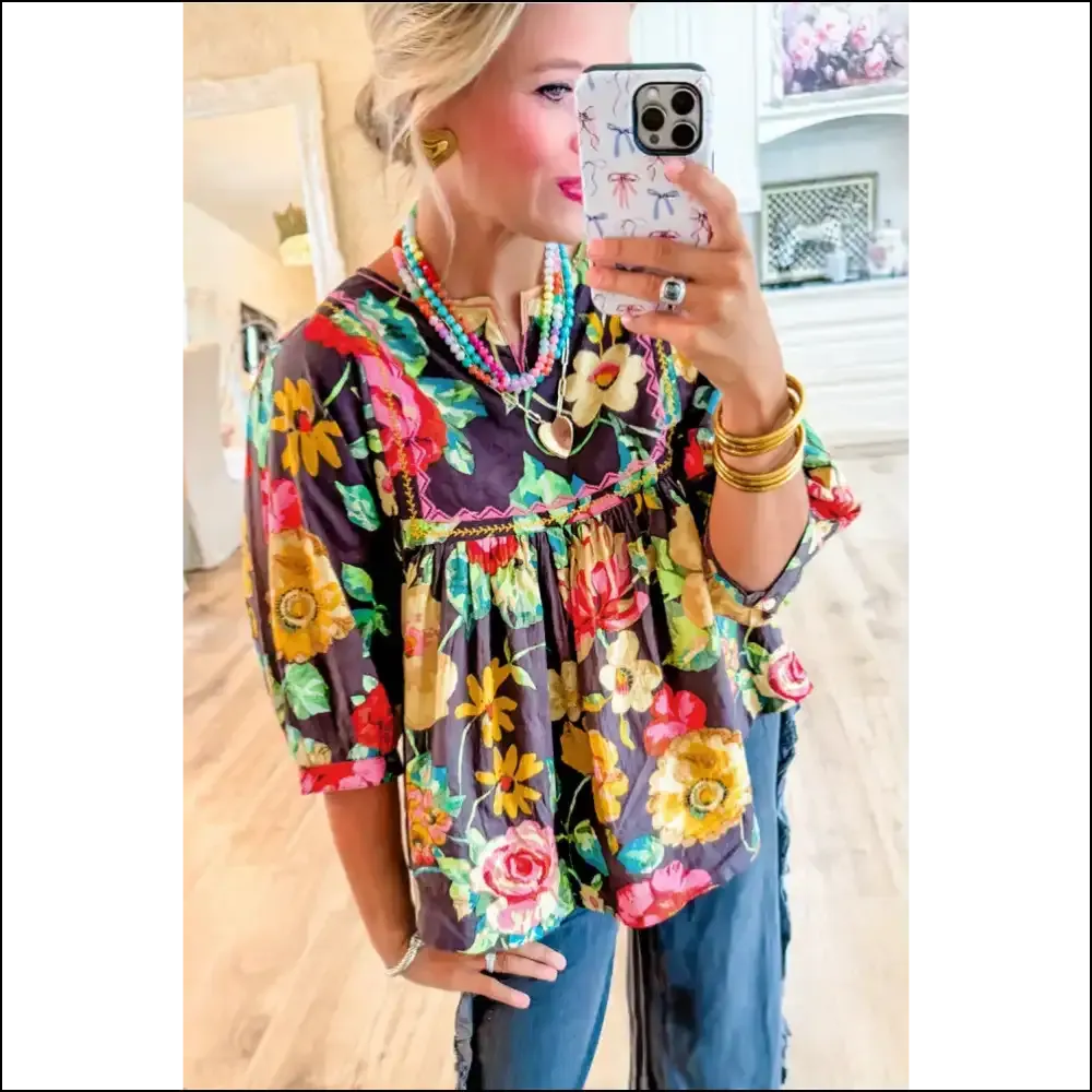 Gray Flower Embroidered Blouse Cloud Comfy Sharp Tack