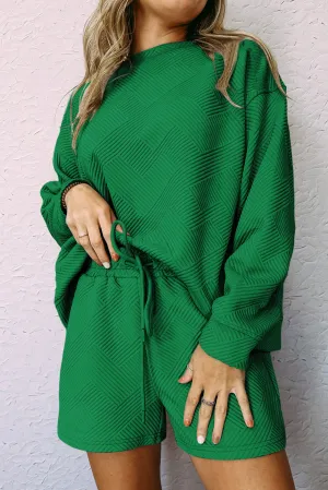 Green Gray Textured Long Sleeve Top and Drawstring Shorts Set