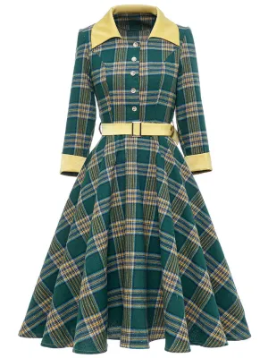 Green Plaid 3/4 Sleeve 1950S Vintage Dress With Belt