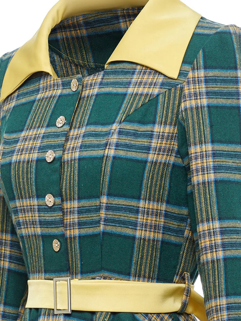 Green Plaid 3/4 Sleeve 1950S Vintage Dress With Belt