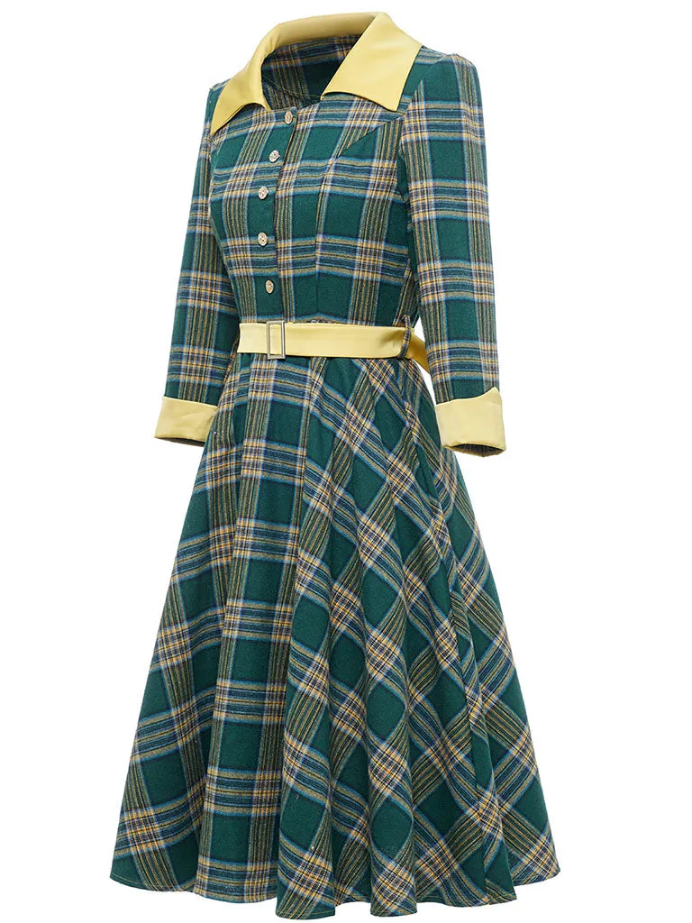 Green Plaid 3/4 Sleeve 1950S Vintage Dress With Belt