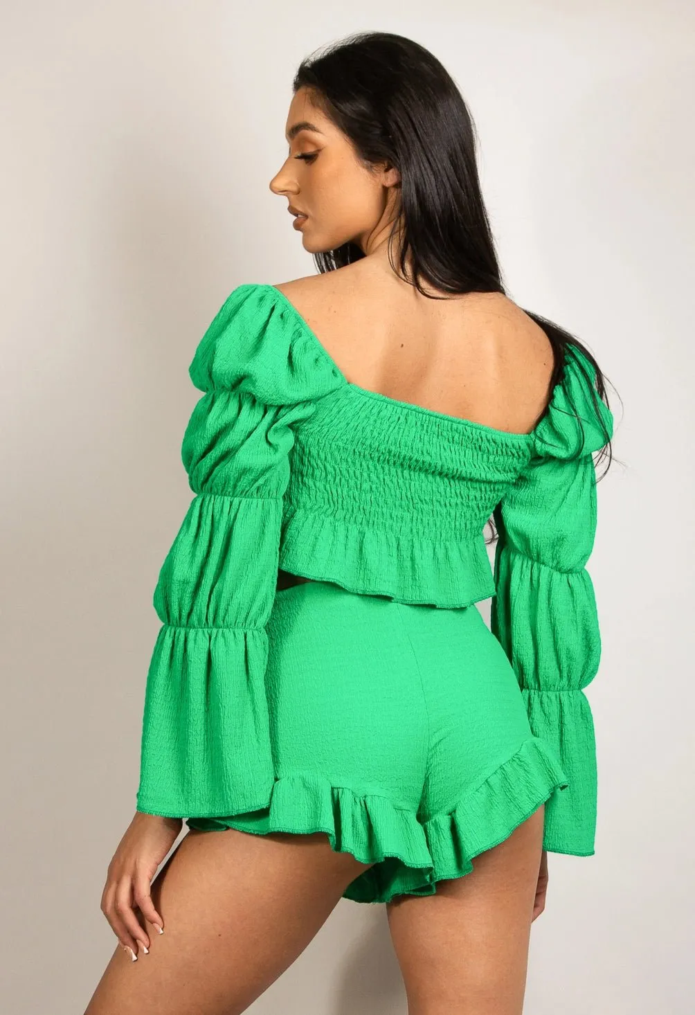 Green Shirred Crop Top and Shorts Set