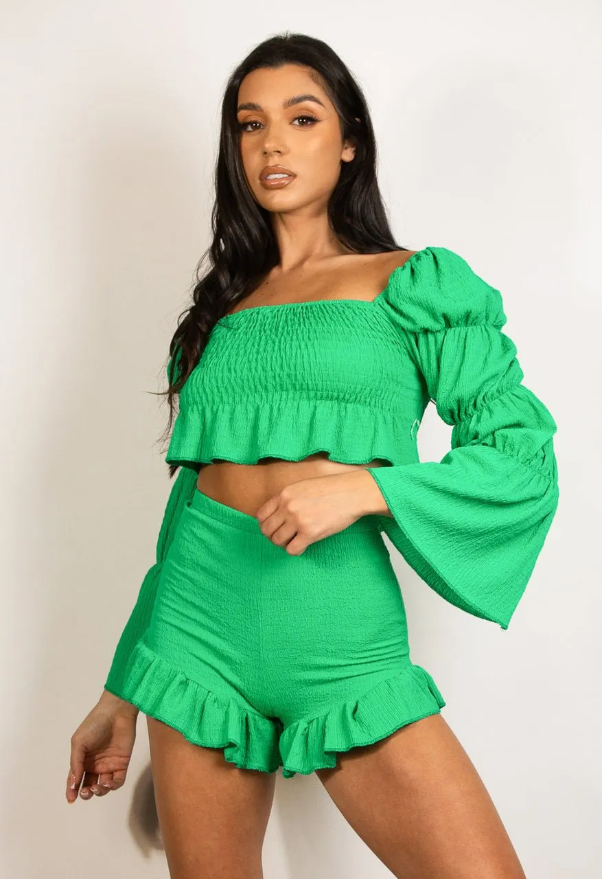 Green Shirred Crop Top and Shorts Set