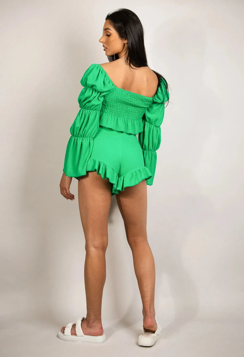 Green Shirred Crop Top and Shorts Set