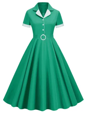 Green Solid Color Turn Down Collar Short Sleeves 1950S Vinatge Shirt Dress