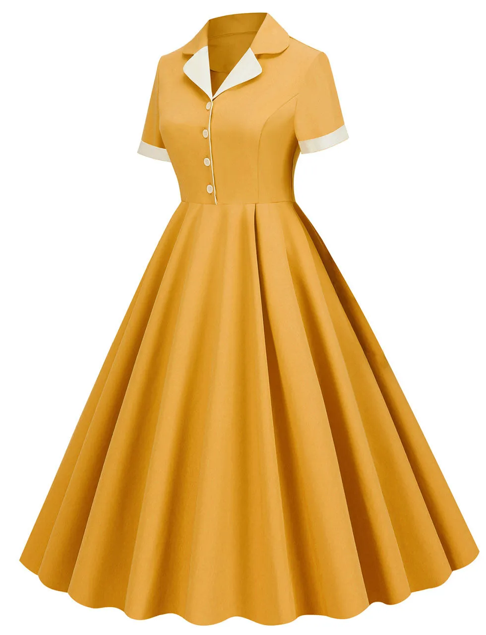 Green Solid Color Turn Down Collar Short Sleeves 1950S Vinatge Shirt Dress