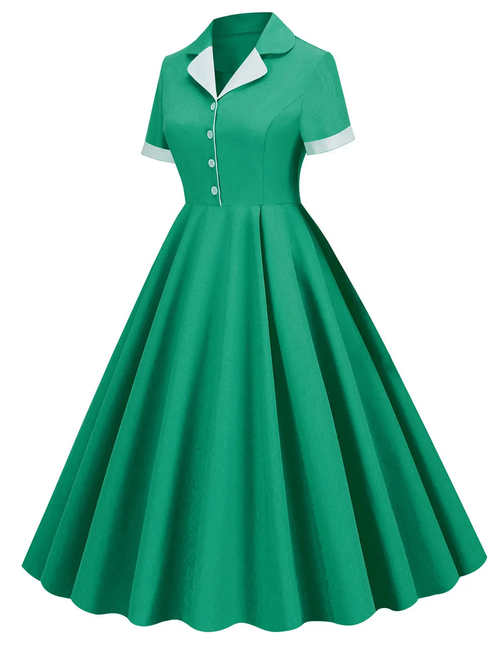 Green Solid Color Turn Down Collar Short Sleeves 1950S Vinatge Shirt Dress