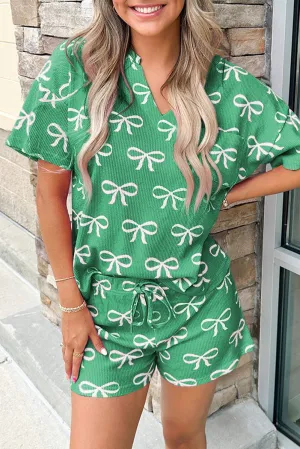 Green Waffle Knit Bowknot Printed V Neck T Shirt and Shorts Set