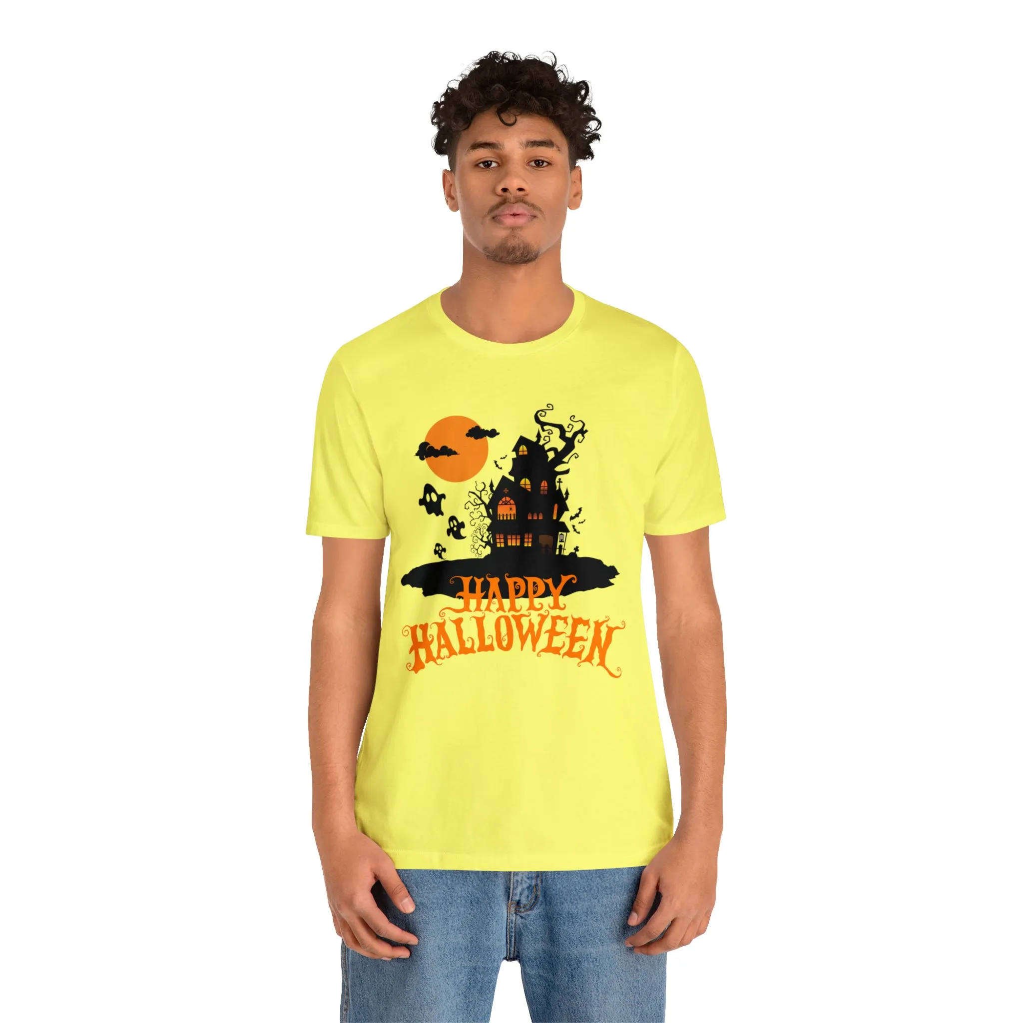 Happy Halloween Haunted House with Bats T-Shirt | Orange and Black Scary Tee |  Bella Canvas 3001Unisex | Creepy Short Sleeve Tshirt