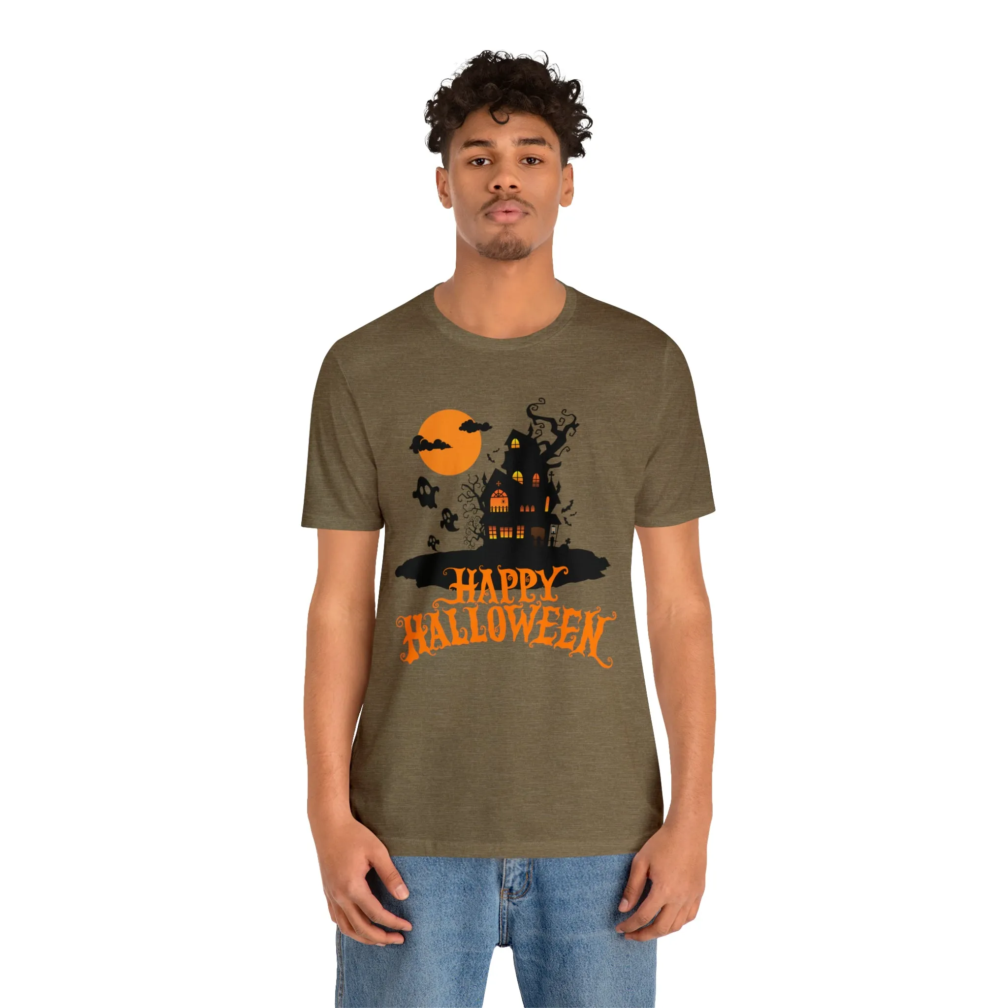Happy Halloween Haunted House with Bats T-Shirt | Orange and Black Scary Tee |  Bella Canvas 3001Unisex | Creepy Short Sleeve Tshirt