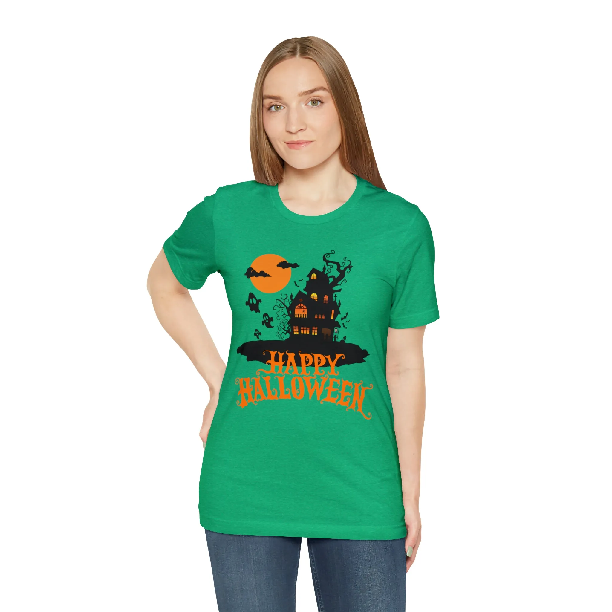 Happy Halloween Haunted House with Bats T-Shirt | Orange and Black Scary Tee |  Bella Canvas 3001Unisex | Creepy Short Sleeve Tshirt