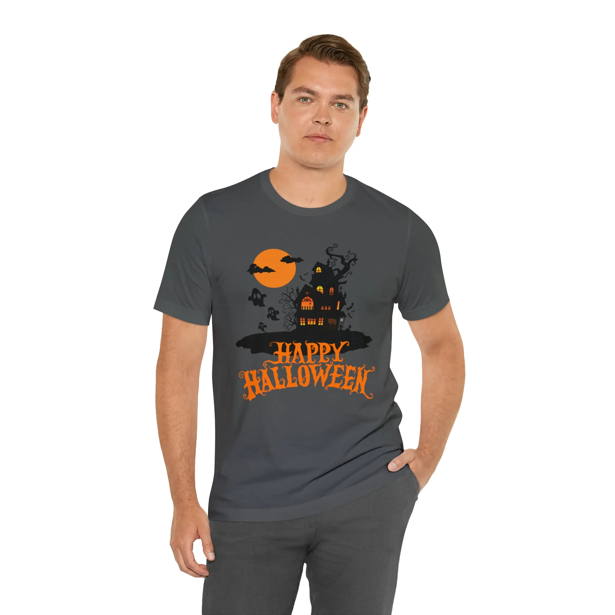 Happy Halloween Haunted House with Bats T-Shirt | Orange and Black Scary Tee |  Bella Canvas 3001Unisex | Creepy Short Sleeve Tshirt