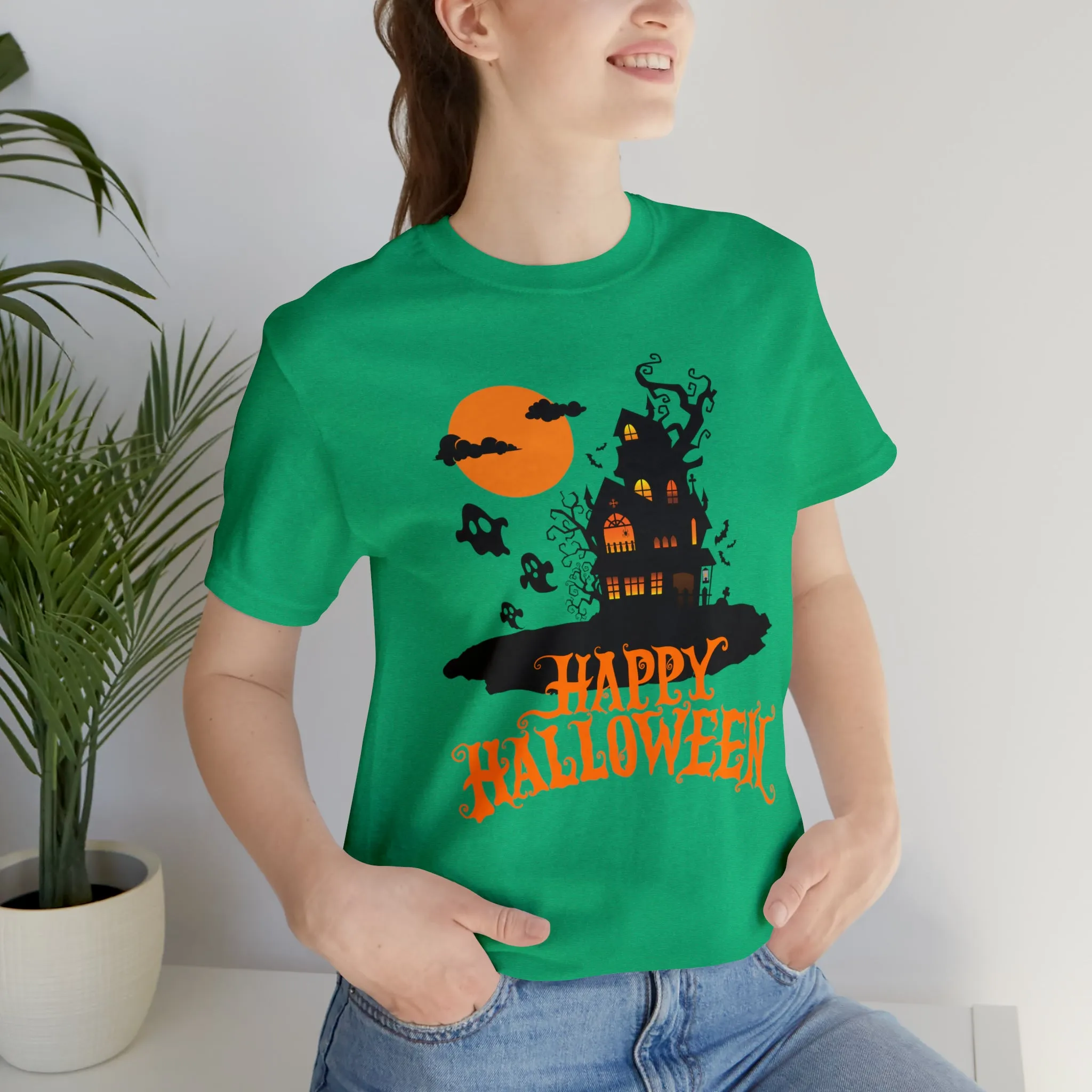 Happy Halloween Haunted House with Bats T-Shirt | Orange and Black Scary Tee |  Bella Canvas 3001Unisex | Creepy Short Sleeve Tshirt
