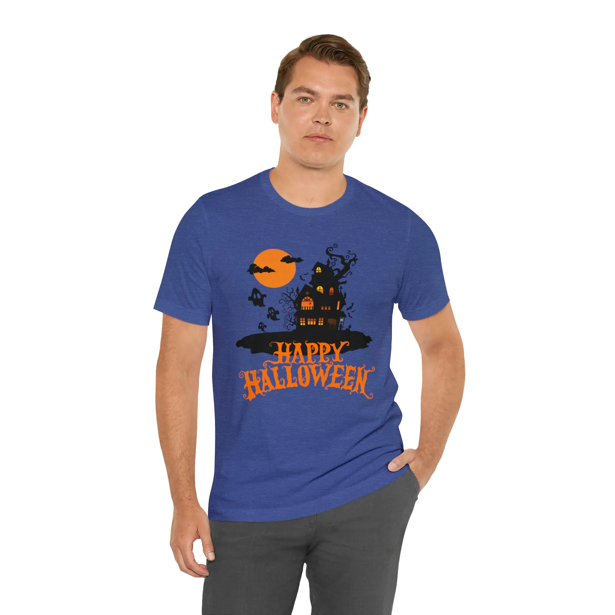 Happy Halloween Haunted House with Bats T-Shirt | Orange and Black Scary Tee |  Bella Canvas 3001Unisex | Creepy Short Sleeve Tshirt