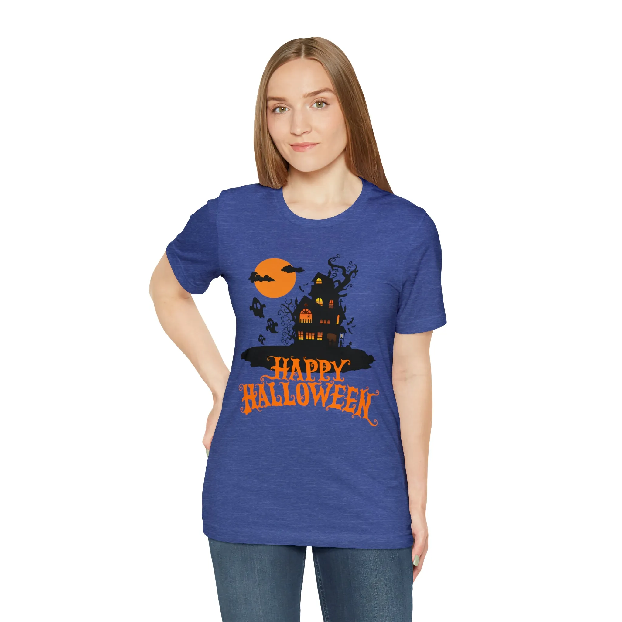 Happy Halloween Haunted House with Bats T-Shirt | Orange and Black Scary Tee |  Bella Canvas 3001Unisex | Creepy Short Sleeve Tshirt