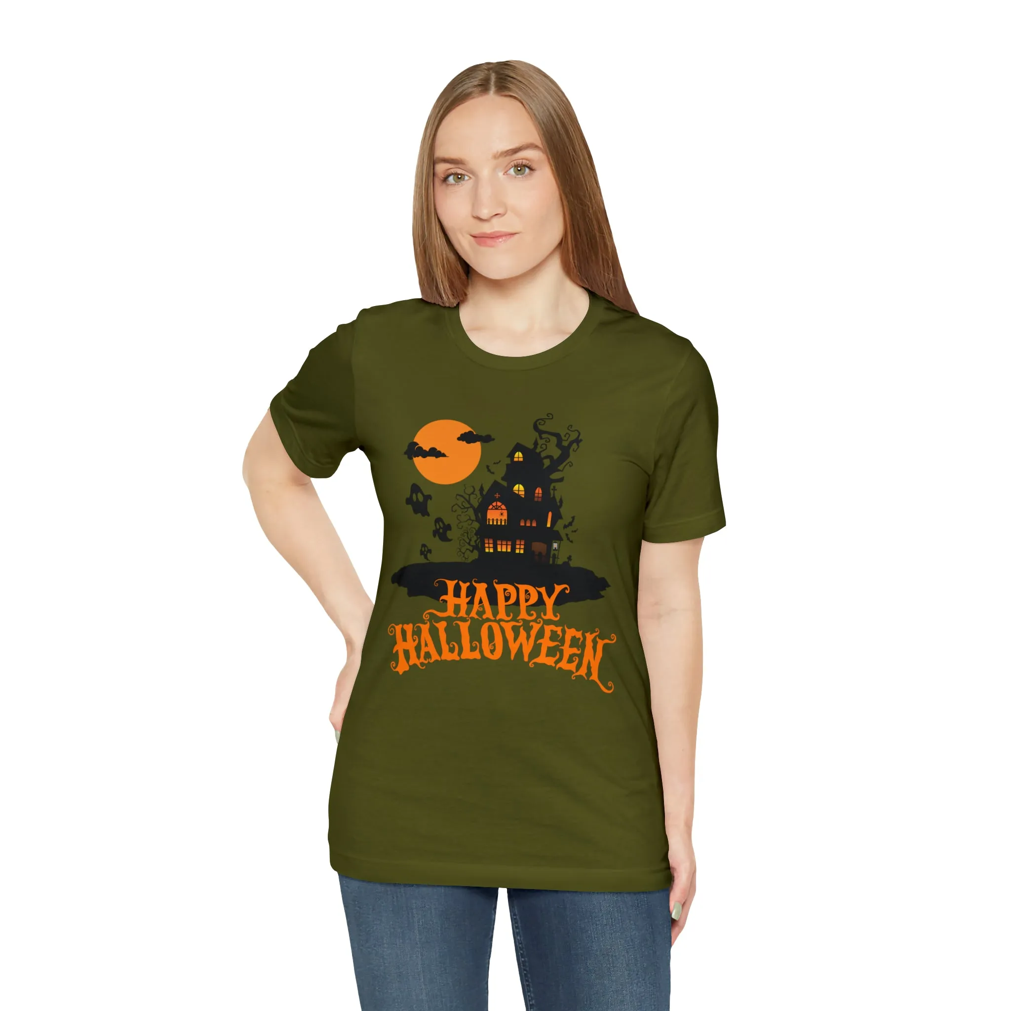 Happy Halloween Haunted House with Bats T-Shirt | Orange and Black Scary Tee |  Bella Canvas 3001Unisex | Creepy Short Sleeve Tshirt