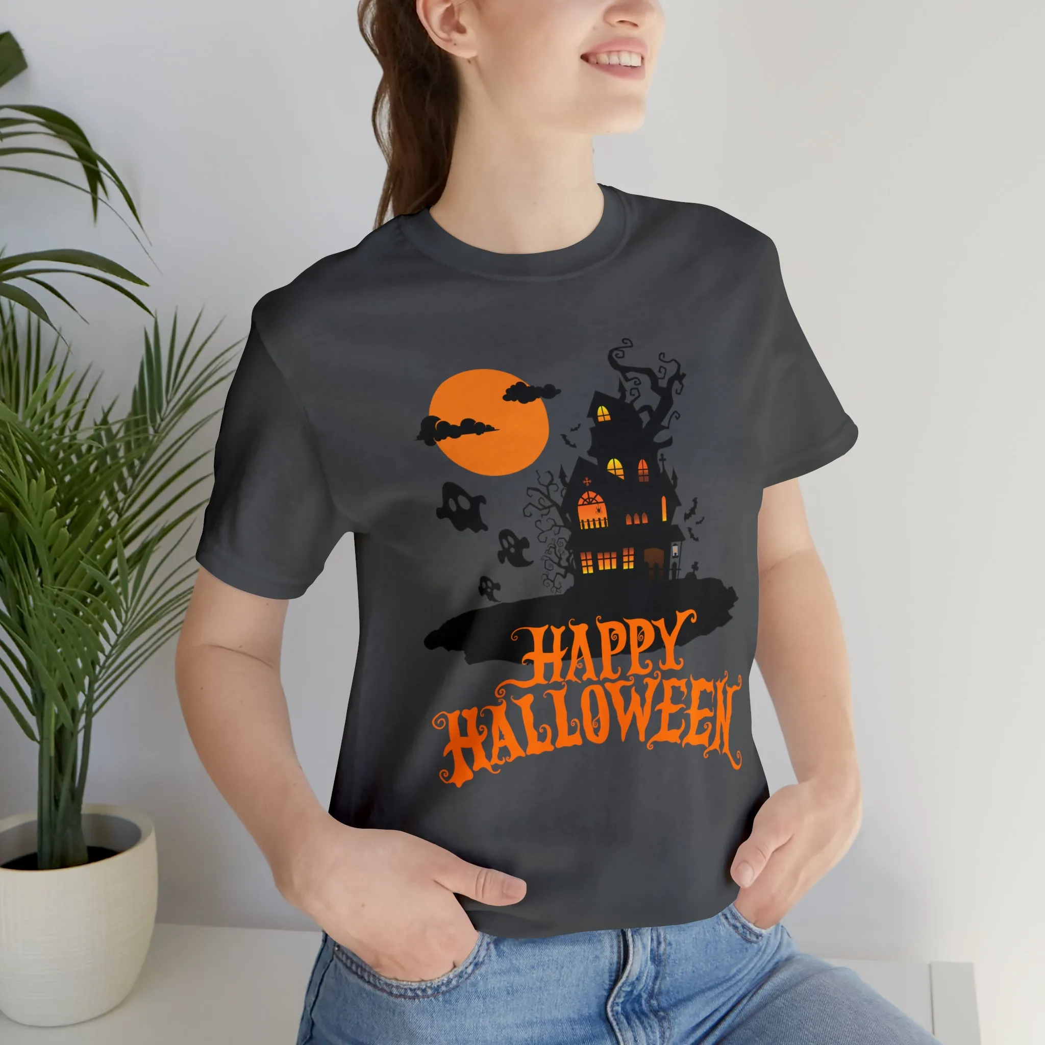 Happy Halloween Haunted House with Bats T-Shirt | Orange and Black Scary Tee |  Bella Canvas 3001Unisex | Creepy Short Sleeve Tshirt