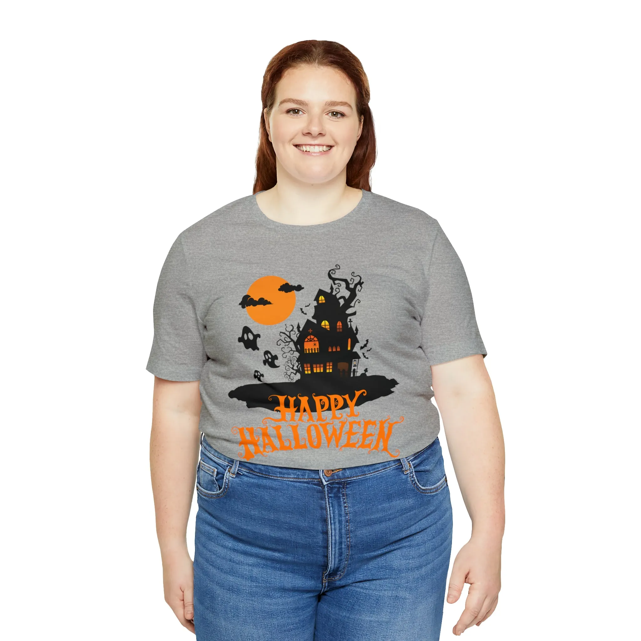 Happy Halloween Haunted House with Bats T-Shirt | Orange and Black Scary Tee |  Bella Canvas 3001Unisex | Creepy Short Sleeve Tshirt