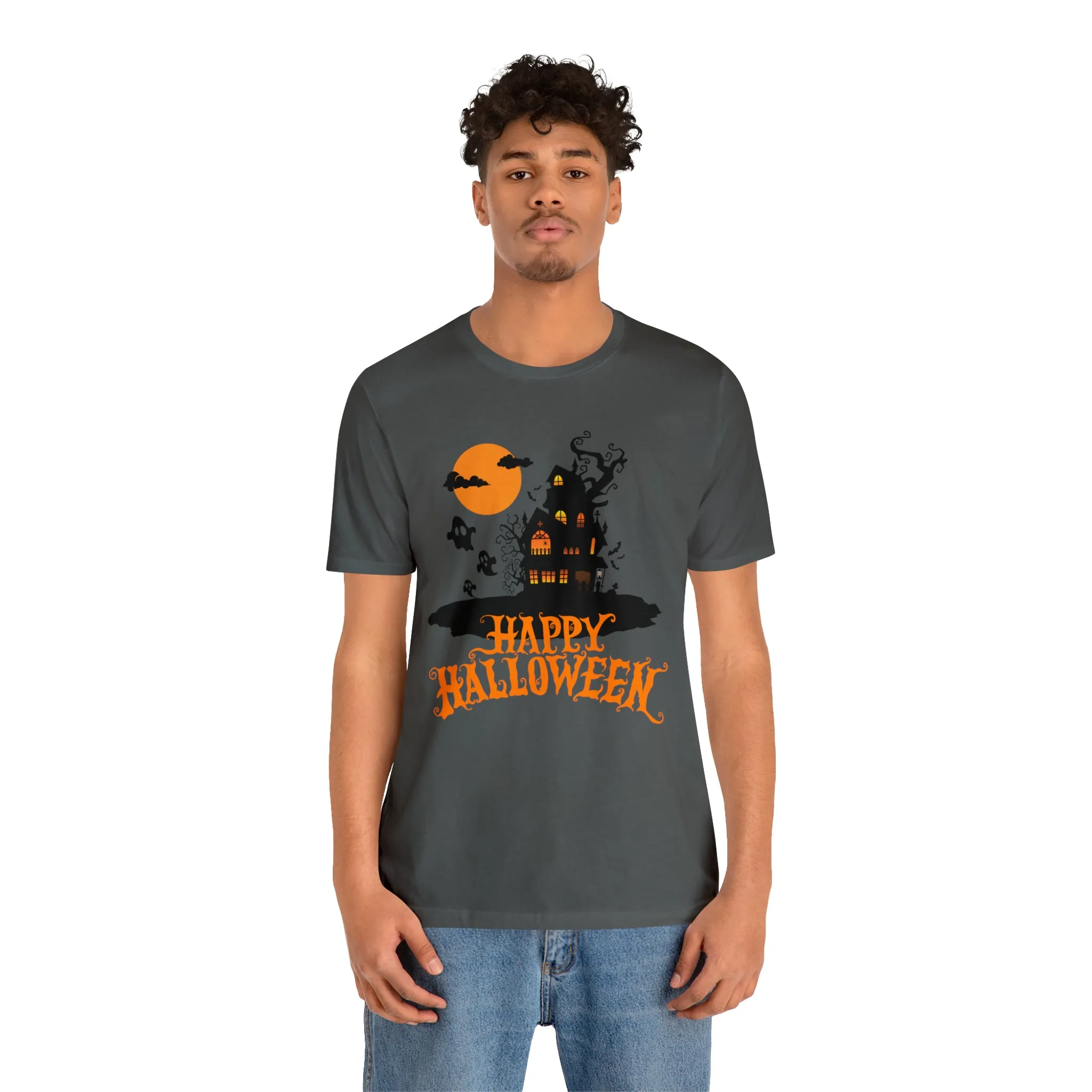Happy Halloween Haunted House with Bats T-Shirt | Orange and Black Scary Tee |  Bella Canvas 3001Unisex | Creepy Short Sleeve Tshirt