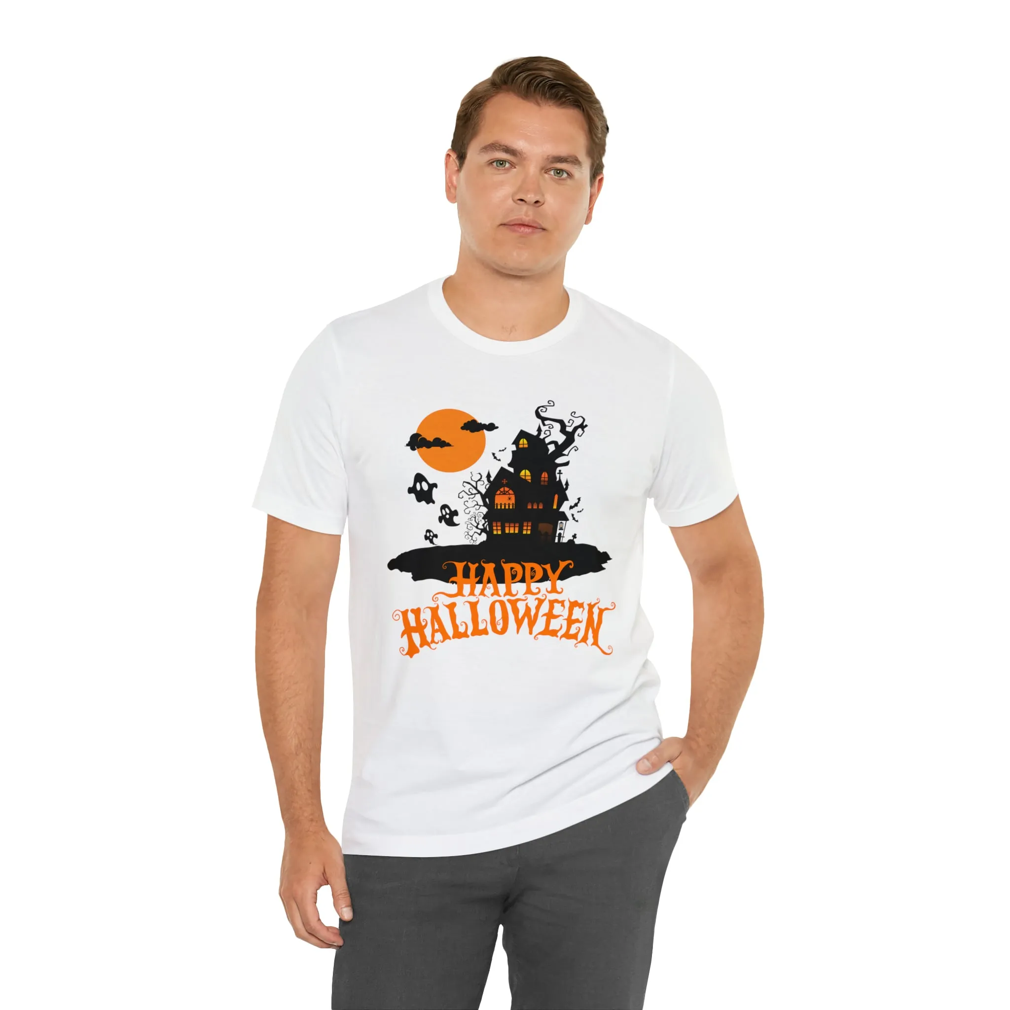 Happy Halloween Haunted House with Bats T-Shirt | Orange and Black Scary Tee |  Bella Canvas 3001Unisex | Creepy Short Sleeve Tshirt