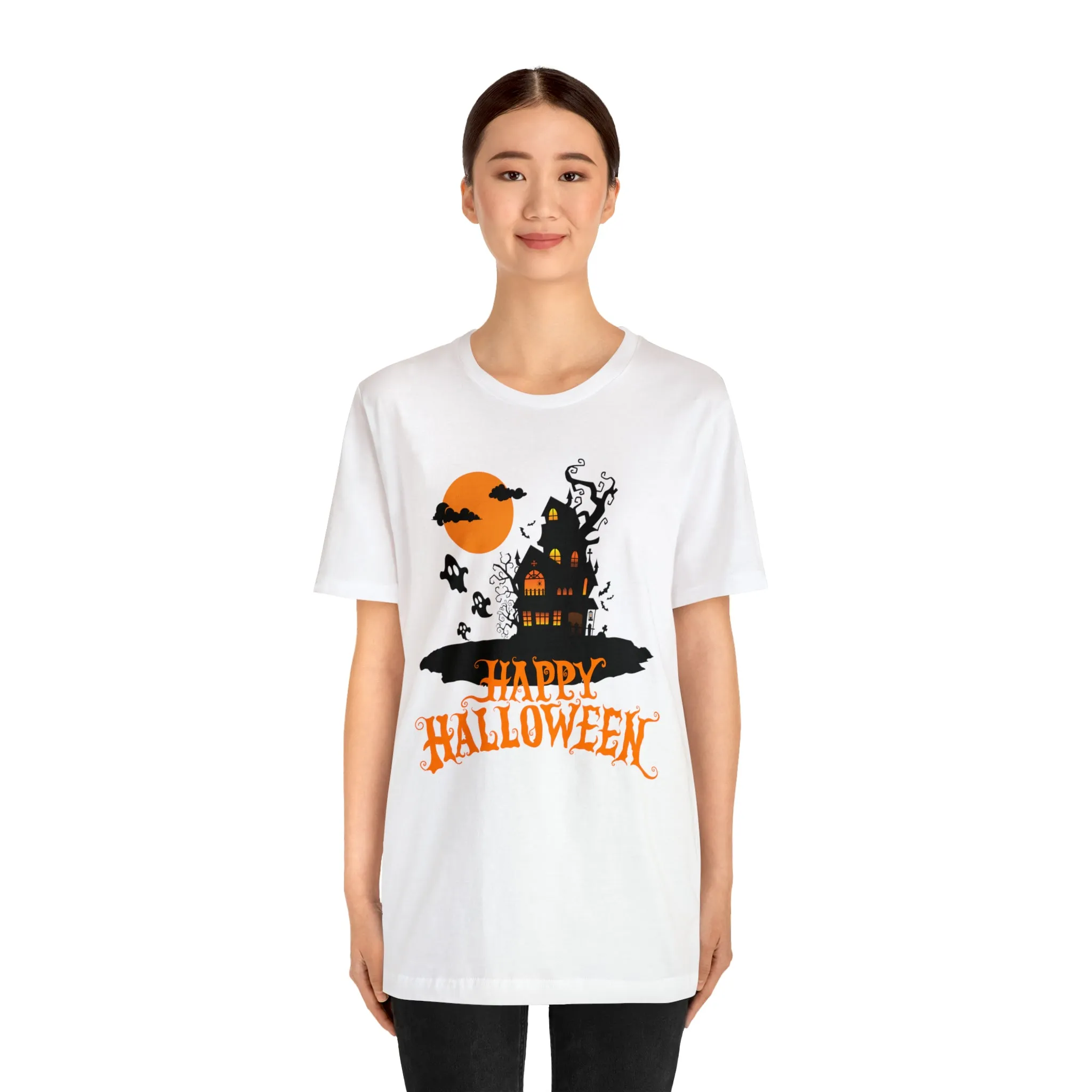 Happy Halloween Haunted House with Bats T-Shirt | Orange and Black Scary Tee |  Bella Canvas 3001Unisex | Creepy Short Sleeve Tshirt