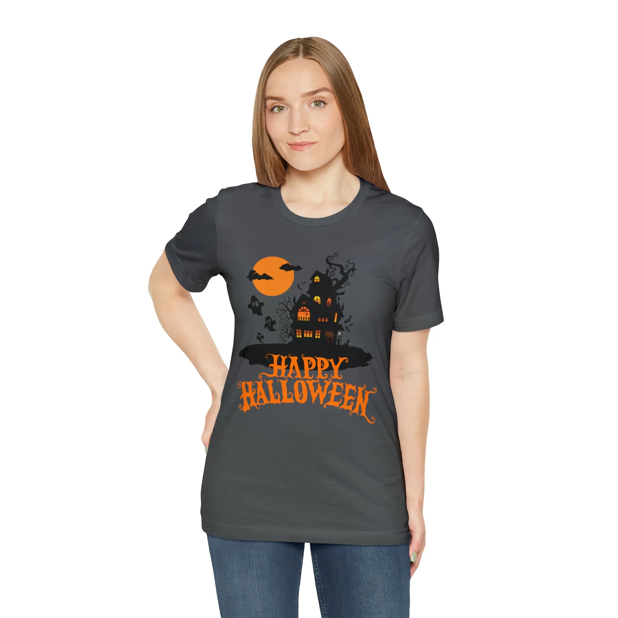Happy Halloween Haunted House with Bats T-Shirt | Orange and Black Scary Tee |  Bella Canvas 3001Unisex | Creepy Short Sleeve Tshirt