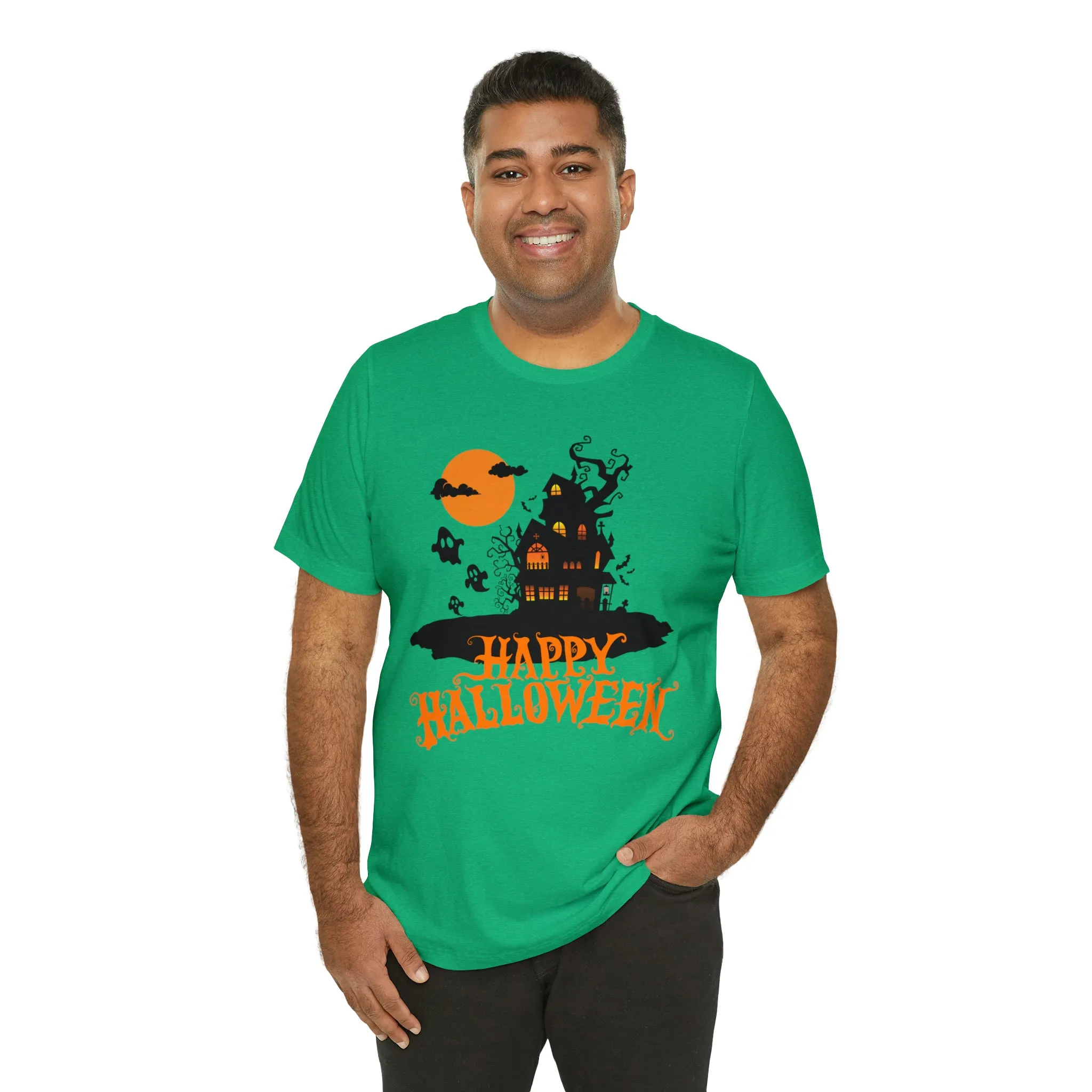 Happy Halloween Haunted House with Bats T-Shirt | Orange and Black Scary Tee |  Bella Canvas 3001Unisex | Creepy Short Sleeve Tshirt