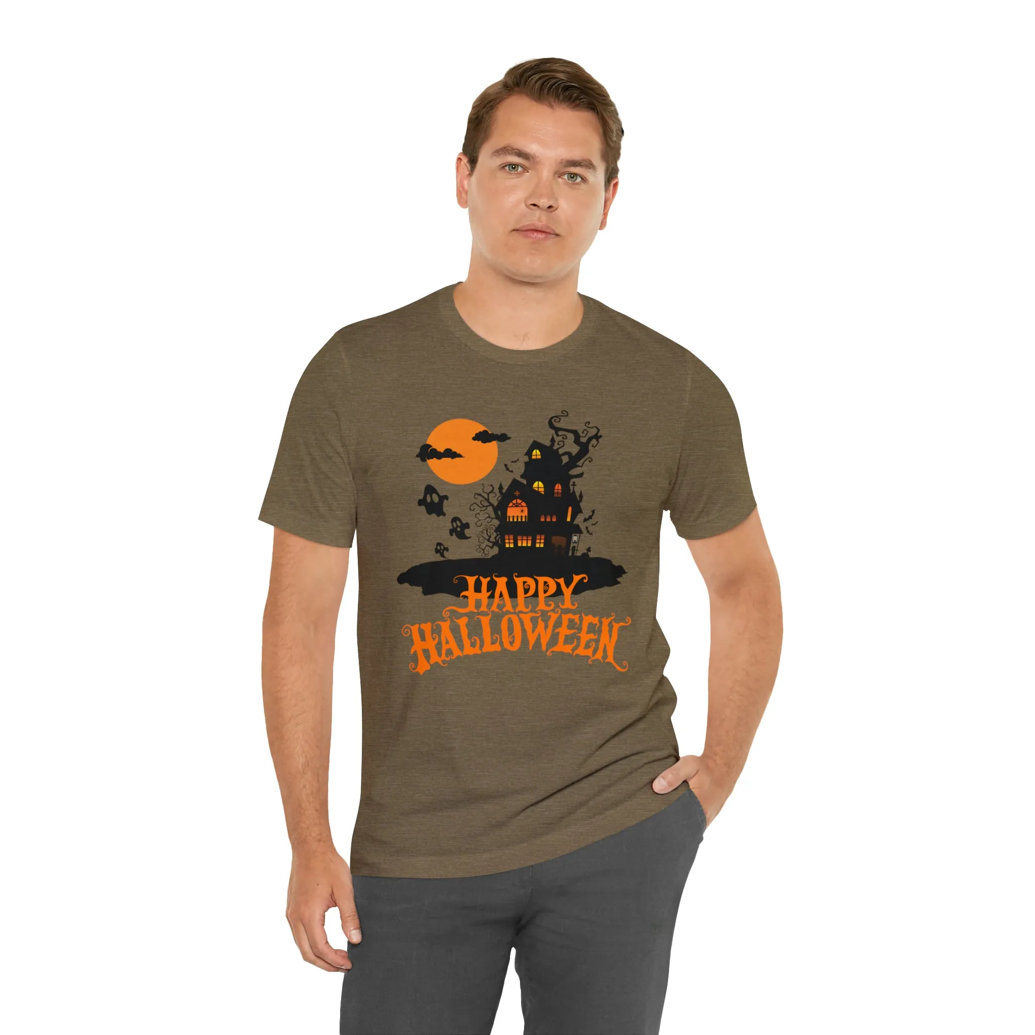 Happy Halloween Haunted House with Bats T-Shirt | Orange and Black Scary Tee |  Bella Canvas 3001Unisex | Creepy Short Sleeve Tshirt