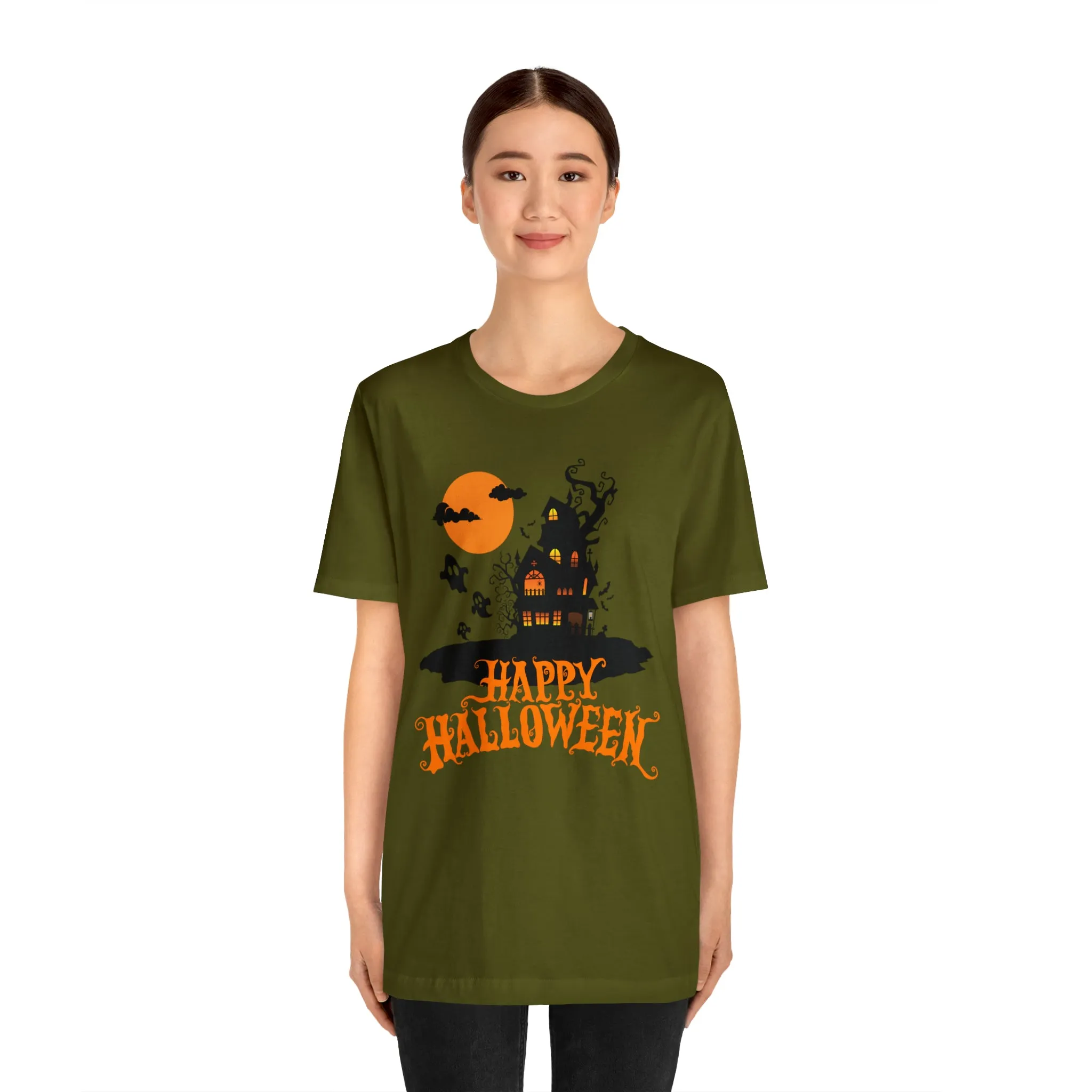 Happy Halloween Haunted House with Bats T-Shirt | Orange and Black Scary Tee |  Bella Canvas 3001Unisex | Creepy Short Sleeve Tshirt