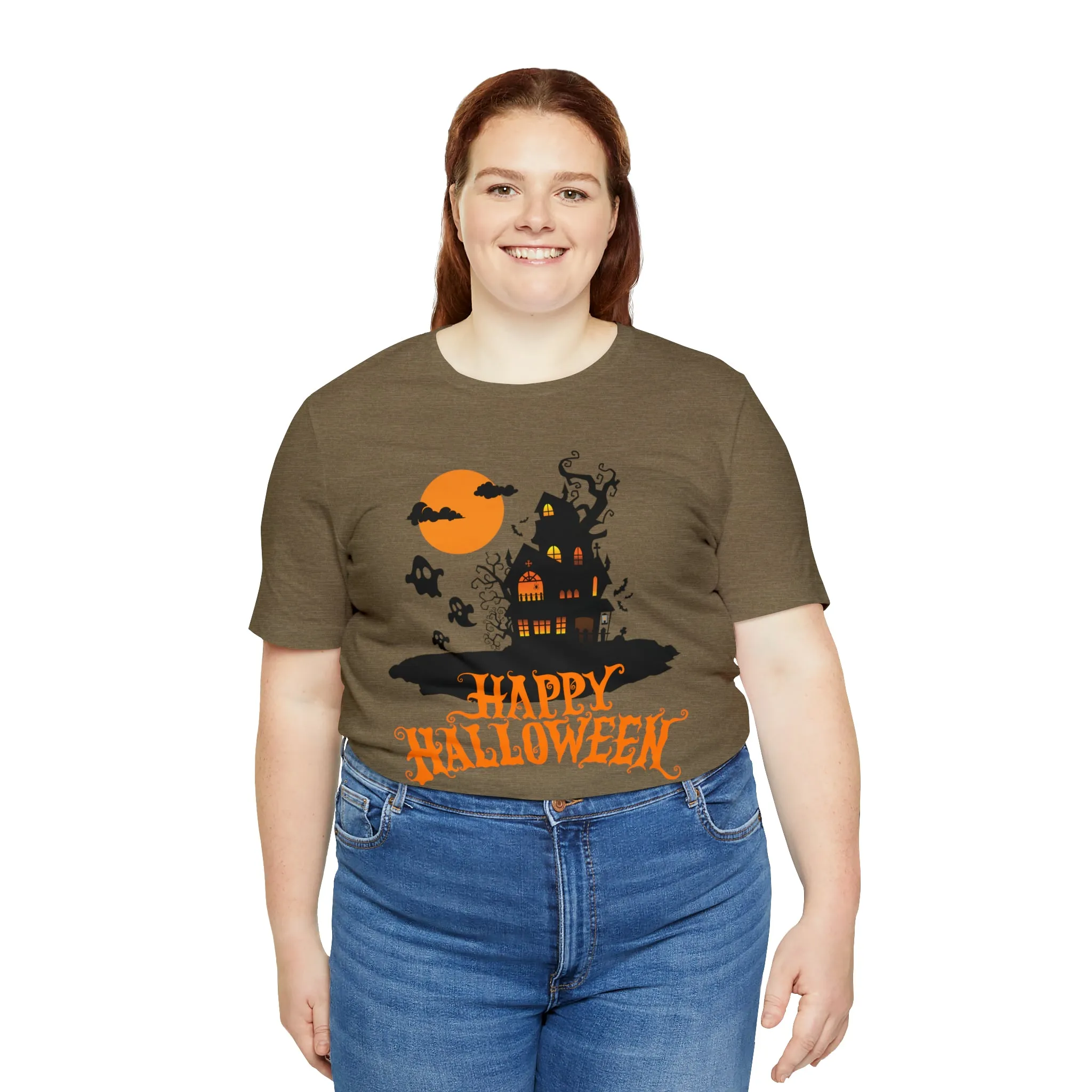 Happy Halloween Haunted House with Bats T-Shirt | Orange and Black Scary Tee |  Bella Canvas 3001Unisex | Creepy Short Sleeve Tshirt