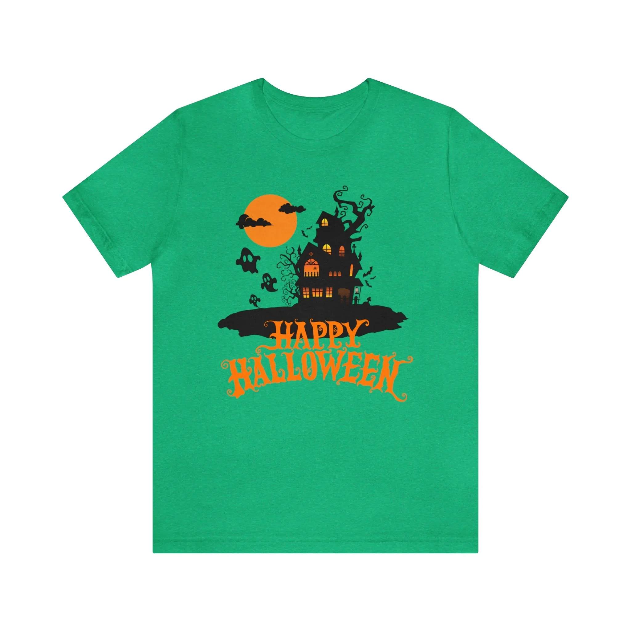 Happy Halloween Haunted House with Bats T-Shirt | Orange and Black Scary Tee |  Bella Canvas 3001Unisex | Creepy Short Sleeve Tshirt