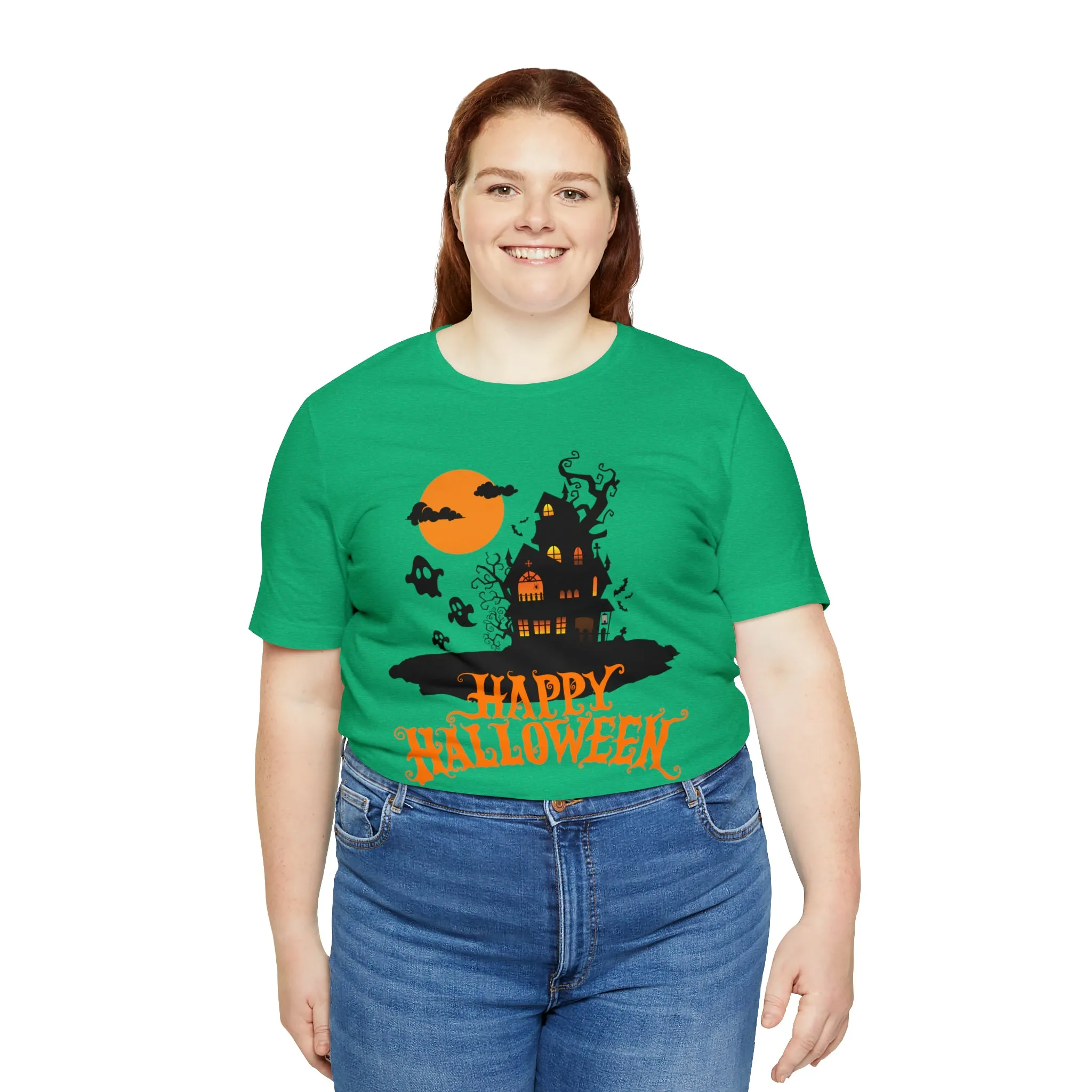 Happy Halloween Haunted House with Bats T-Shirt | Orange and Black Scary Tee |  Bella Canvas 3001Unisex | Creepy Short Sleeve Tshirt