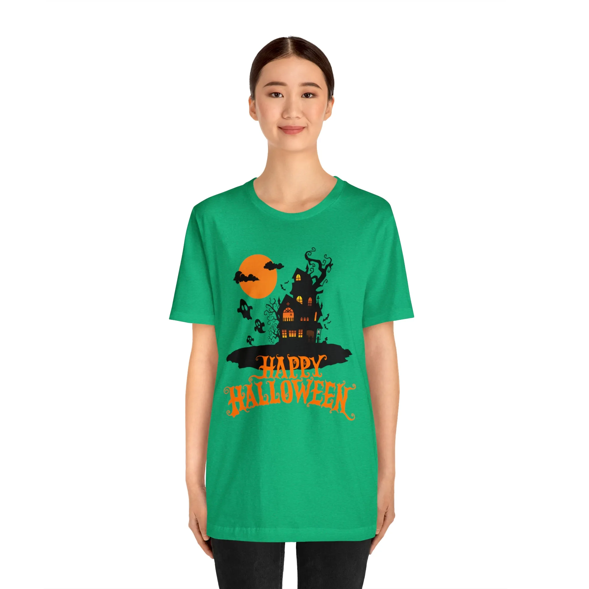Happy Halloween Haunted House with Bats T-Shirt | Orange and Black Scary Tee |  Bella Canvas 3001Unisex | Creepy Short Sleeve Tshirt
