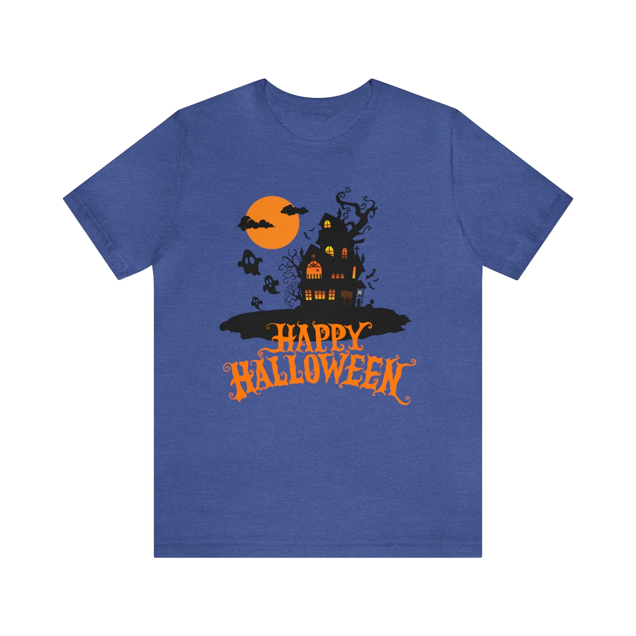 Happy Halloween Haunted House with Bats T-Shirt | Orange and Black Scary Tee |  Bella Canvas 3001Unisex | Creepy Short Sleeve Tshirt