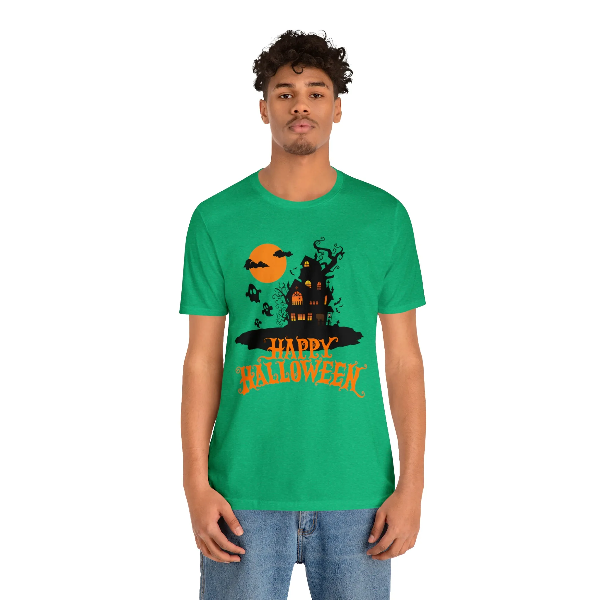 Happy Halloween Haunted House with Bats T-Shirt | Orange and Black Scary Tee |  Bella Canvas 3001Unisex | Creepy Short Sleeve Tshirt