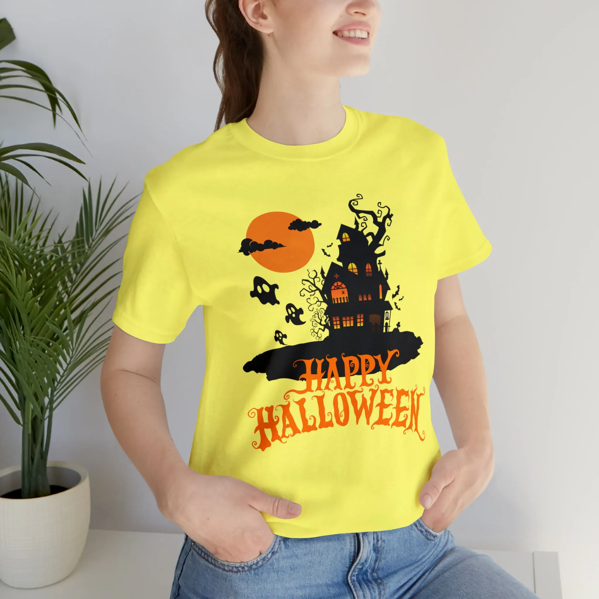 Happy Halloween Haunted House with Bats T-Shirt | Orange and Black Scary Tee |  Bella Canvas 3001Unisex | Creepy Short Sleeve Tshirt