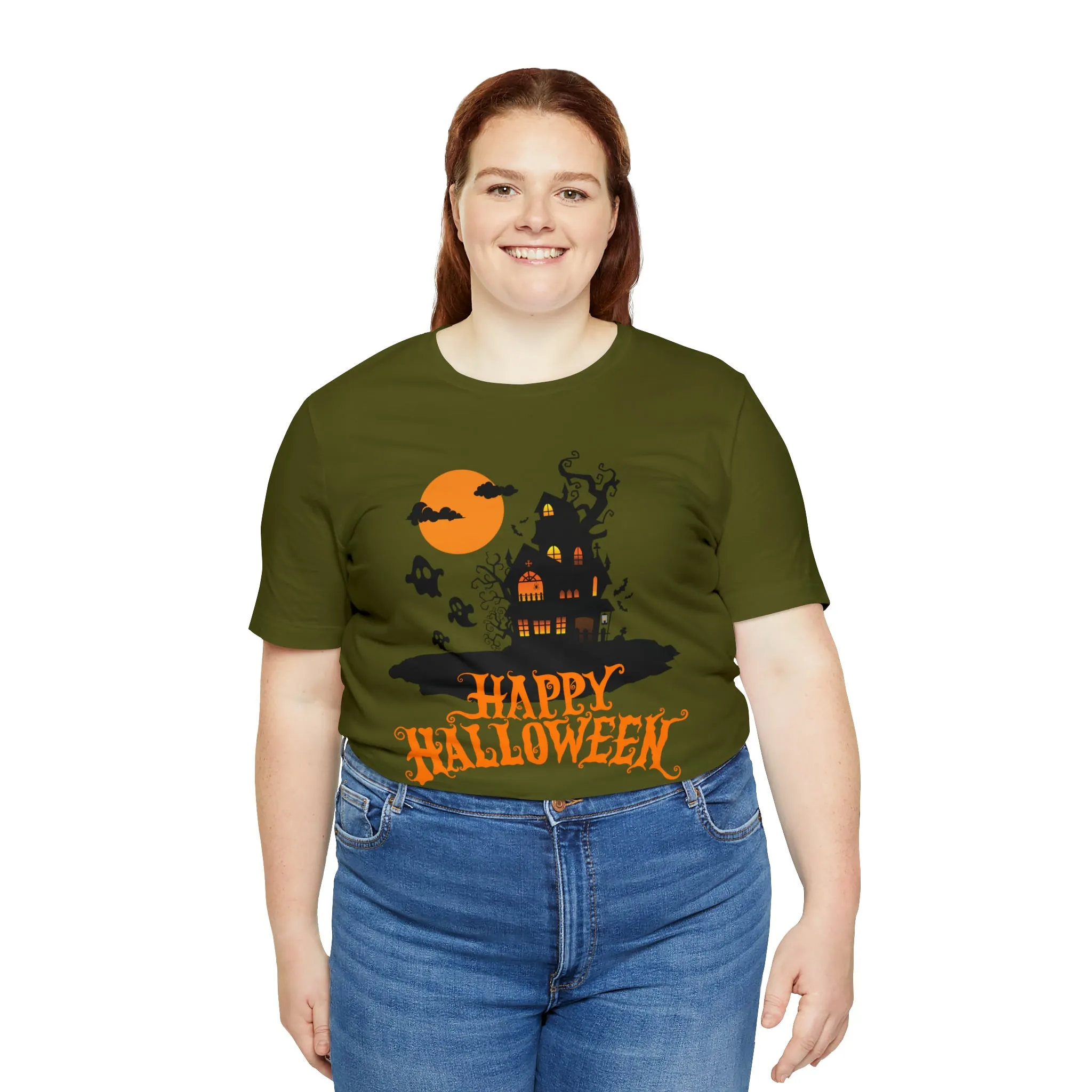 Happy Halloween Haunted House with Bats T-Shirt | Orange and Black Scary Tee |  Bella Canvas 3001Unisex | Creepy Short Sleeve Tshirt
