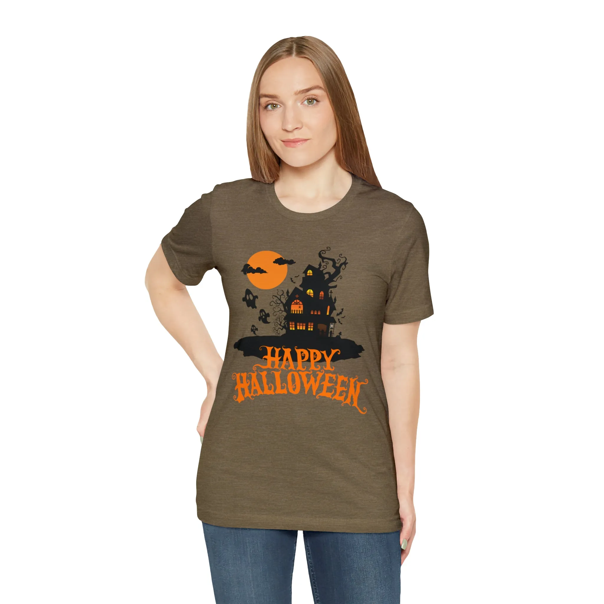 Happy Halloween Haunted House with Bats T-Shirt | Orange and Black Scary Tee |  Bella Canvas 3001Unisex | Creepy Short Sleeve Tshirt