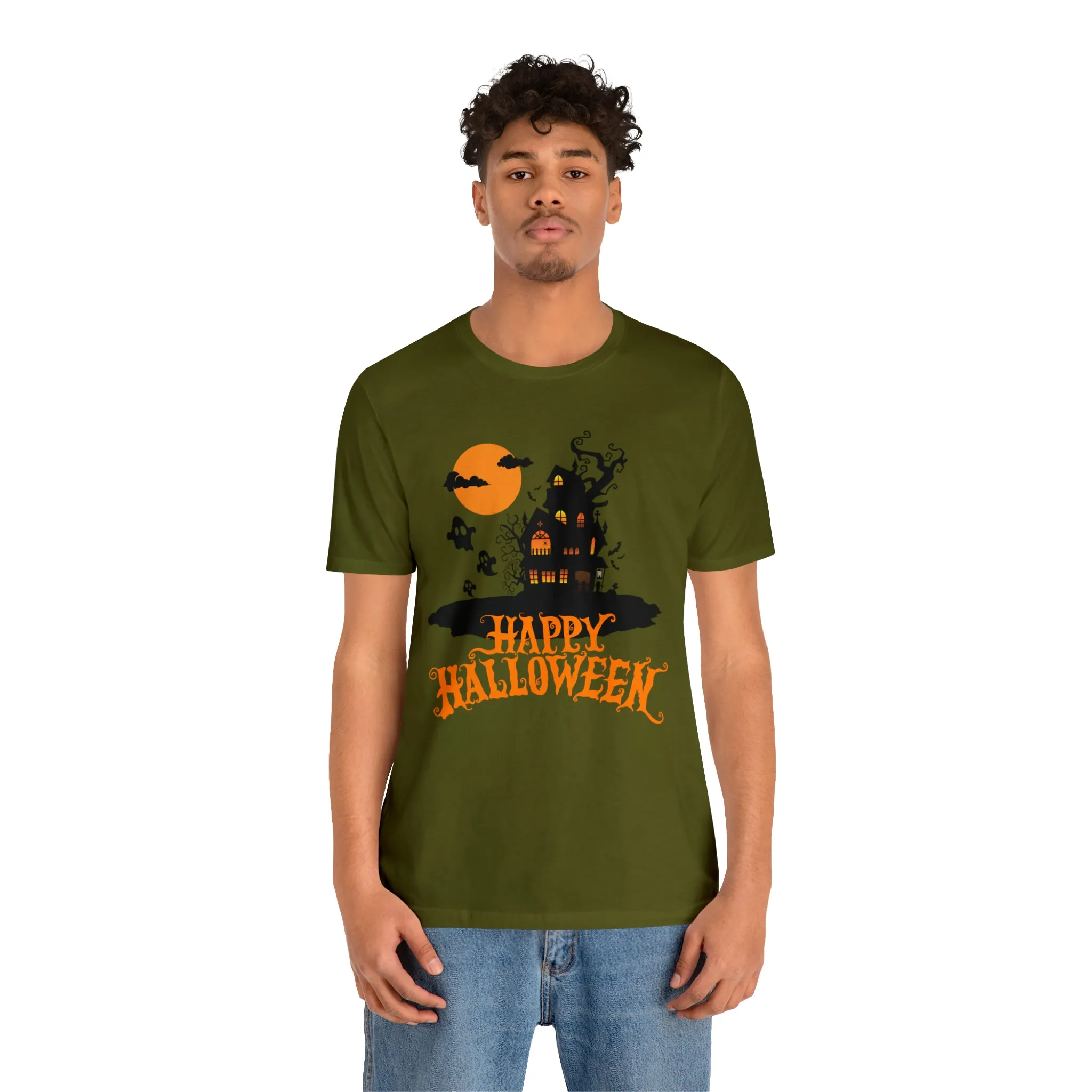 Happy Halloween Haunted House with Bats T-Shirt | Orange and Black Scary Tee |  Bella Canvas 3001Unisex | Creepy Short Sleeve Tshirt