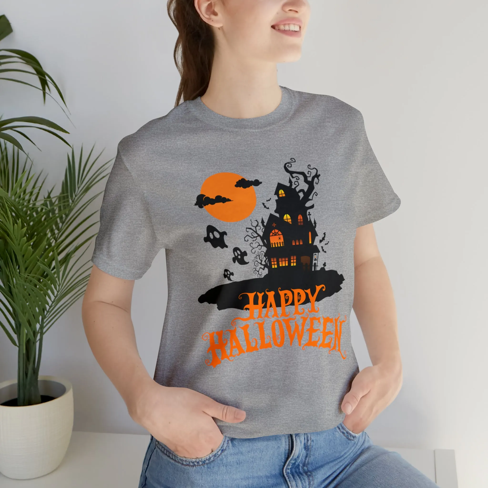 Happy Halloween Haunted House with Bats T-Shirt | Orange and Black Scary Tee |  Bella Canvas 3001Unisex | Creepy Short Sleeve Tshirt