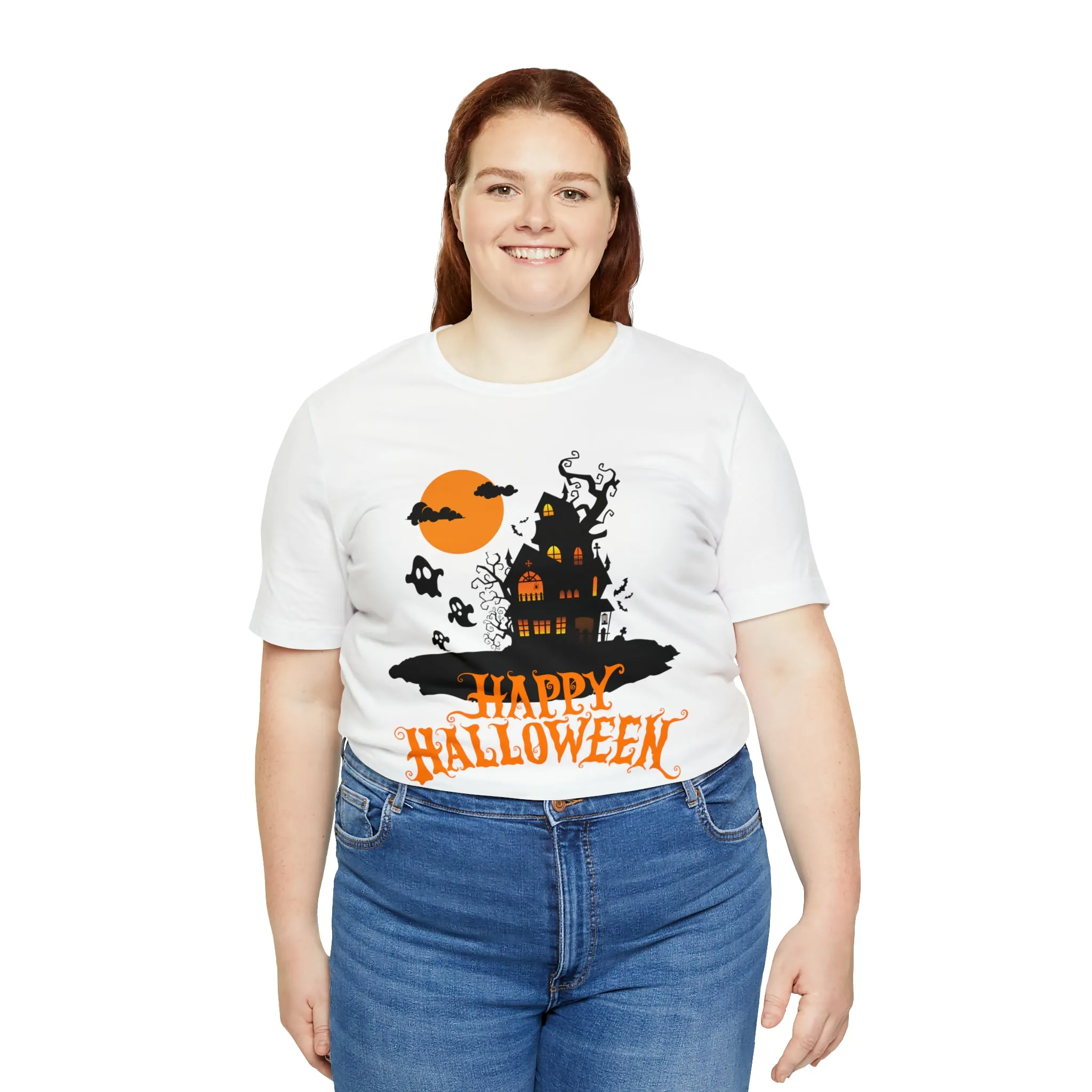 Happy Halloween Haunted House with Bats T-Shirt | Orange and Black Scary Tee |  Bella Canvas 3001Unisex | Creepy Short Sleeve Tshirt