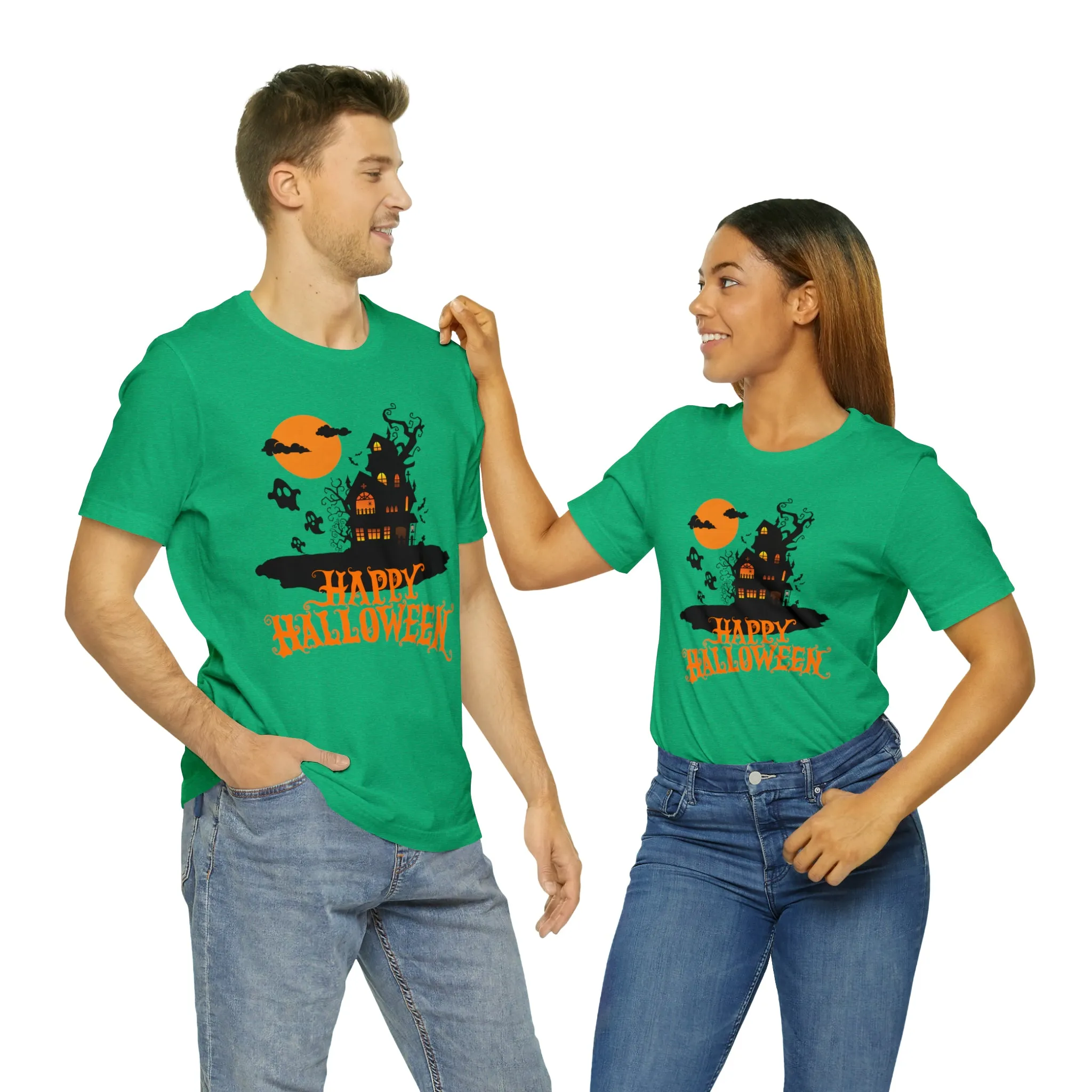 Happy Halloween Haunted House with Bats T-Shirt | Orange and Black Scary Tee |  Bella Canvas 3001Unisex | Creepy Short Sleeve Tshirt